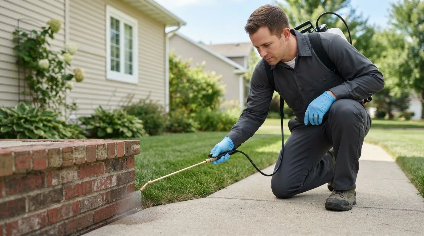 Pest control technician treating a home near Lowry, MN