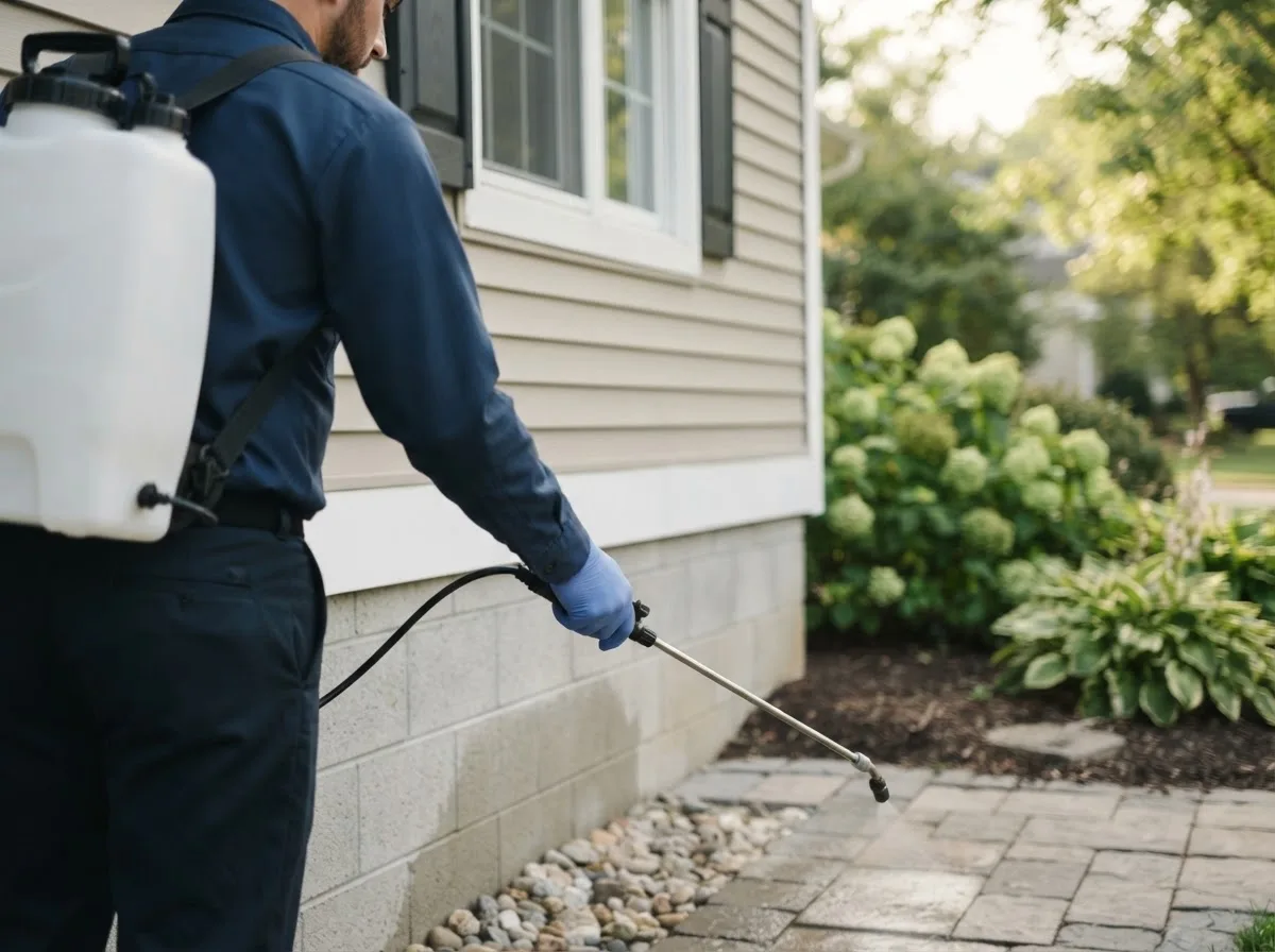 Pest control technician inspecting a home in Lowry, MN